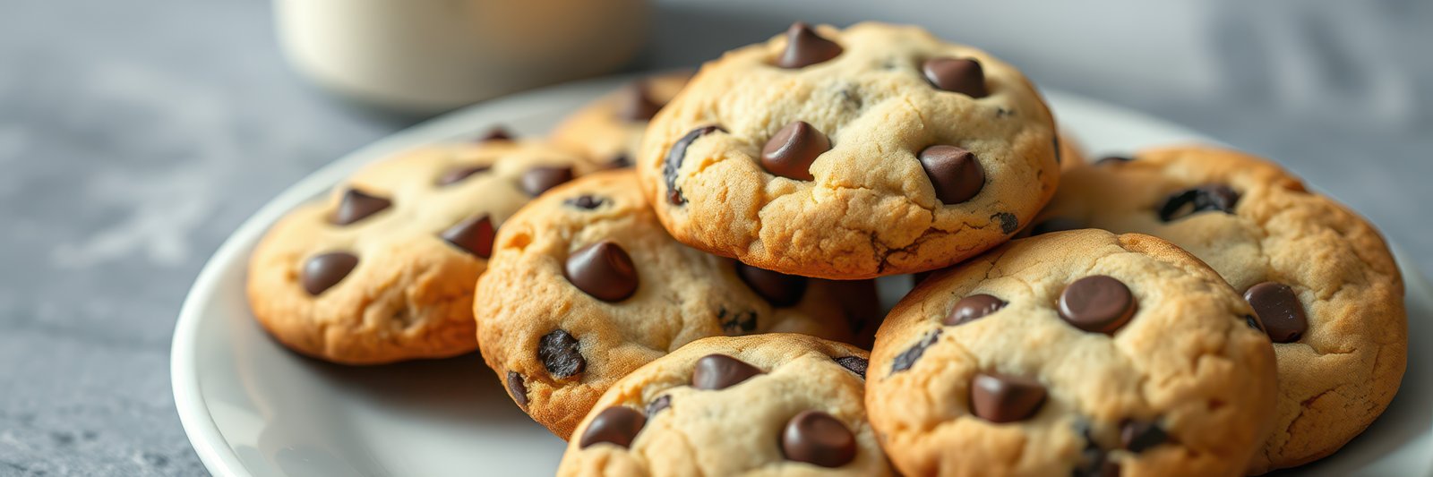 Freshly baked chocolate chip cookies arranged on a white plate with a cup of milk in the background